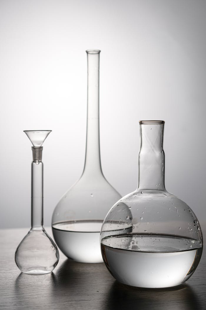 Elegant arrangement of laboratory glassware captured in a minimalistic studio setting, perfect for scientific visuals.